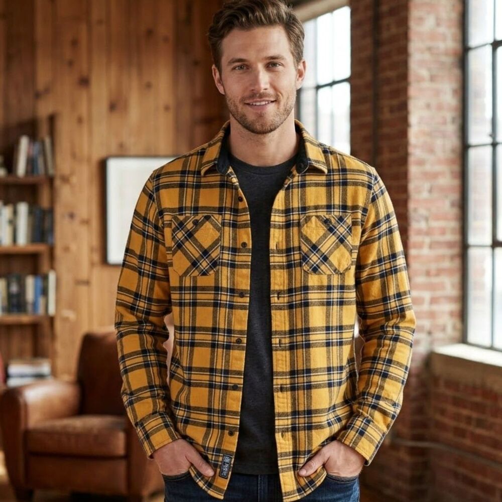 American Rag Men's Flannel Shirt Large Yellow Black Plaid L/S Grunge Goth
